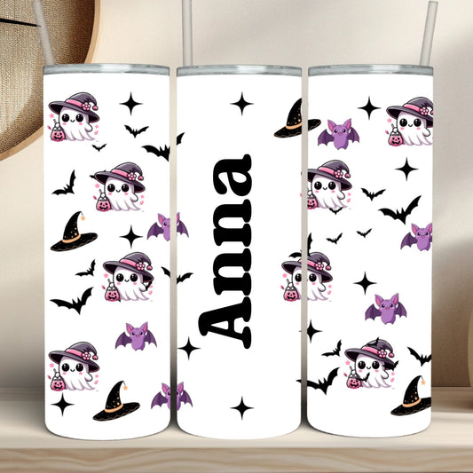 Cute Halloween Tumbler Purple Bats - Personalized Skinny Tumbler 20oz