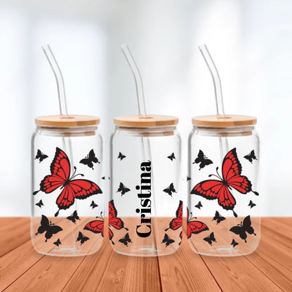 Red Butterfly with Name - Personalized Glass Cup 16oz