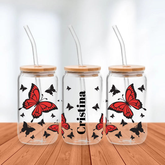 Red Butterfly with Name - Personalized Glass Cup 16oz
