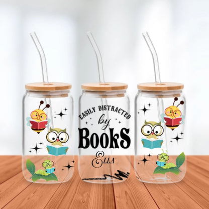 Easily Distracted by Books - Personalized Glass Cup 16oz