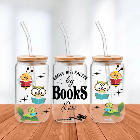 Easily Distracted by Books - Personalized Glass Cup 16oz