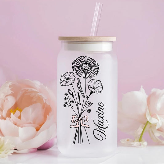 Birth Flower & Name - Personalized Glass Cup 16oz