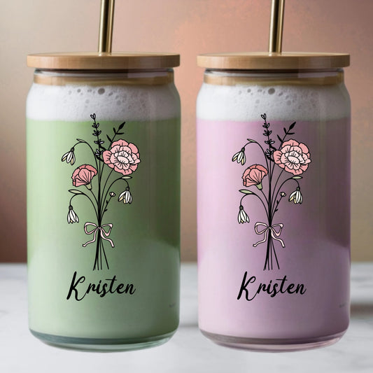 Birth Flower & Name - Personalized Sipper Glass 16oz