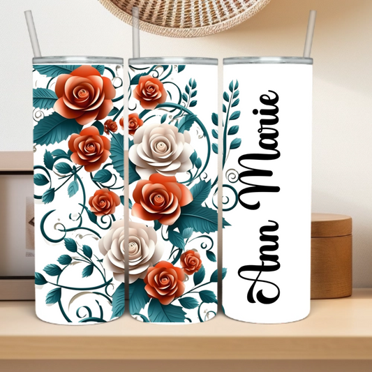 Orange and White Rose - Personalized Skinny Tumbler 20oz