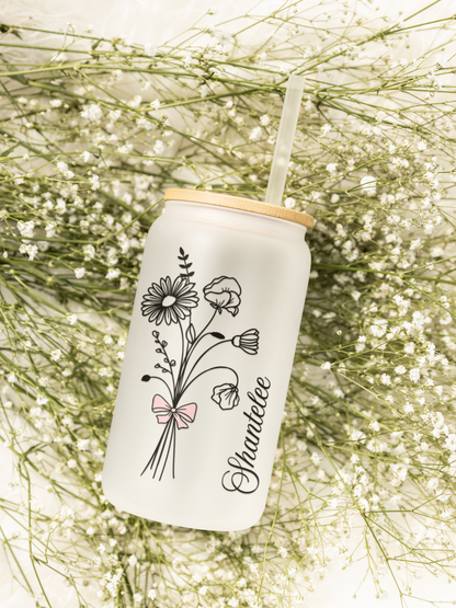 Birth Flower & Name - Personalized Glass Cup 16oz