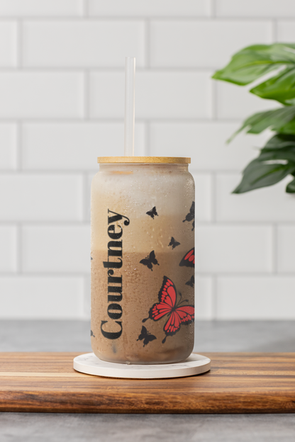 Red Butterfly with Name - Personalized Glass Cup 16oz
