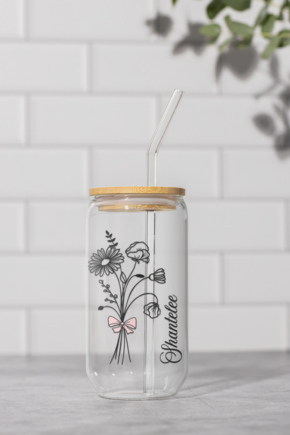 Birth Flower & Name - Personalized Glass Cup 16oz