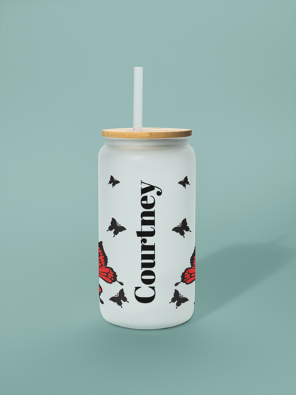 Red Butterfly with Name - Personalized Glass Cup 16oz