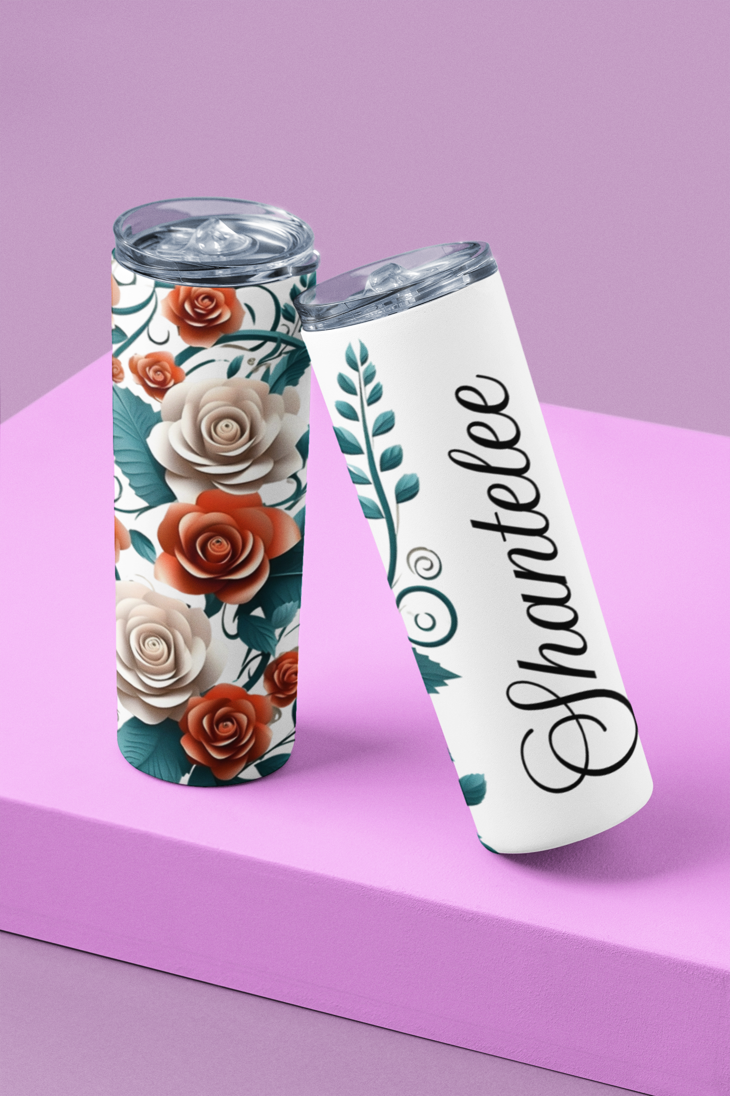 Orange and White Rose - Personalized Skinny Tumbler 20oz