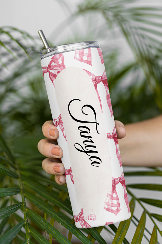 Pink Coquette Bow with Name - Personalized Skinny Tumbler