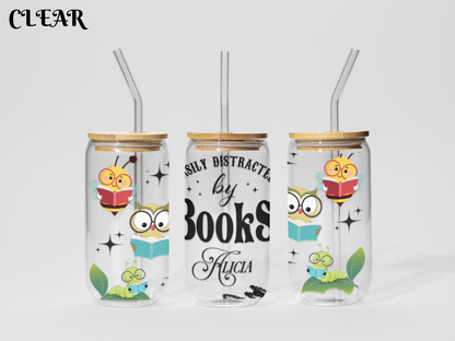 Easily Distracted by Books - Personalized Glass Cup 16oz
